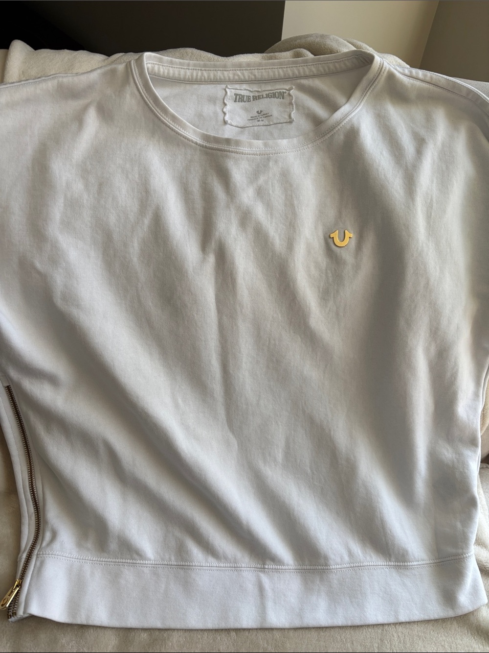 True Religion White Tee with Gold Horseshoe Emblem